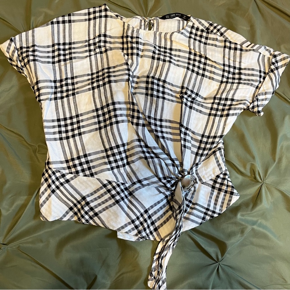 Zara Basics Plaid Gathered Blouse Top